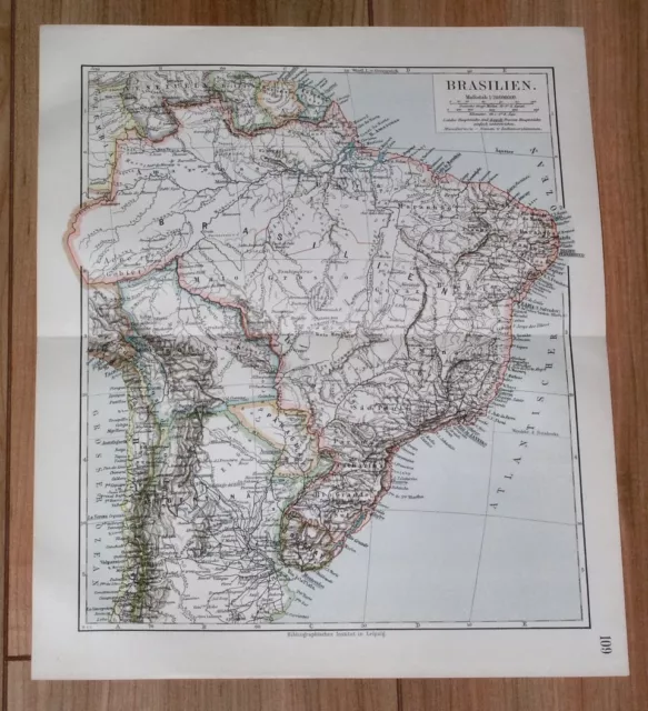 1905 Original Antique Map Of Brazil / South America Argentina