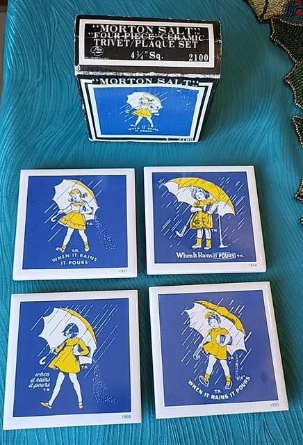 Morton Salt Ceramic Tile Coasters Trivets When It Rains It Pours Set 4 With Box
