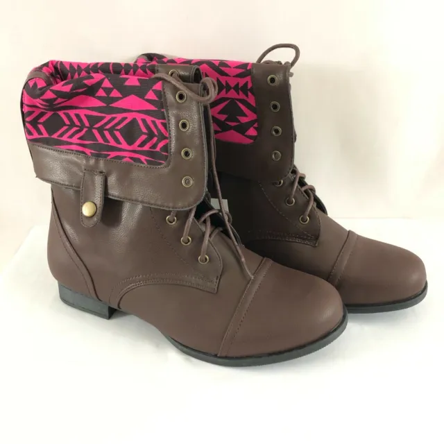 Twisted Womens Boots Fold Over Faux Leather Tribal Pink Brown Size 9W Wide Width