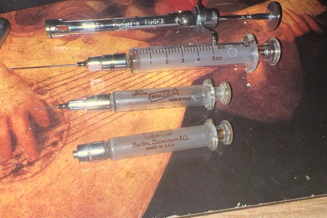vintage Medical Surgical  Glass Syringes Metal Cases Needle Set