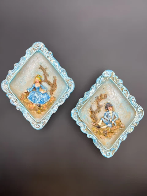 Set Of 2 Vintage Textured 3D Wall Plaque Wall Hanging Victorian Couple