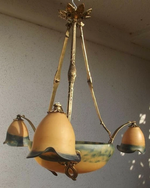 Lustre Ancien Français Art Nouveau – Bronze Doré, 3 Tulipes Verre Dépoli, Fin XIXe