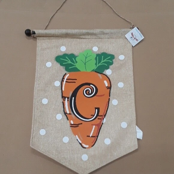 Spring Easter "C" Monogram Carrot Burlap House Flag with Pole NEW