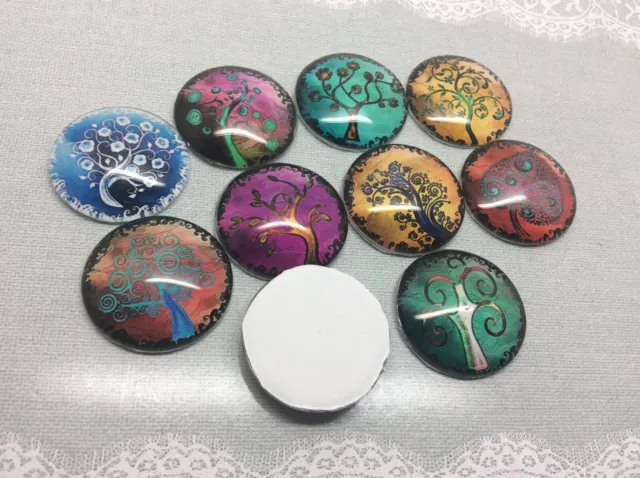 10 Colourful Trees Cabochons 16-25mm Mixed Round Glass Charm Dome Flat Back 3