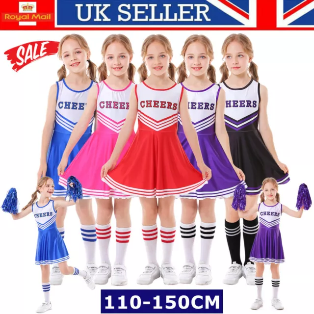 Girls Cheerleader Costume Kids Cheer Outfit w/ Pom Poms Socks Carnival Party -UK