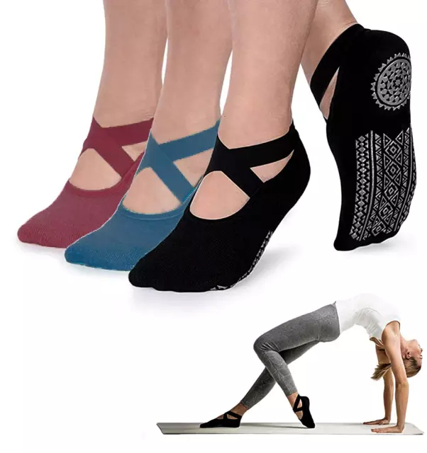 Yoga Socks for Women Non-Slip Grips & Straps, Bandage Cotton Sock, Ideal for Pil