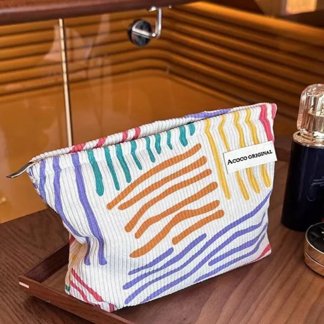 Colorful Stripes Corduroy Cosmetic Bag Portable Travel AestheticToiletry Bag