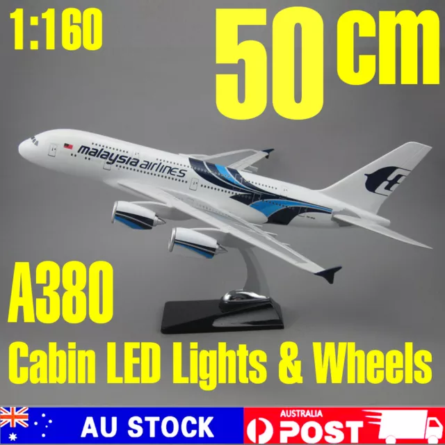 Diecast Model Plane Large Malaysia Airlines A380 1:160 50cm w/ LED Lights Wheels