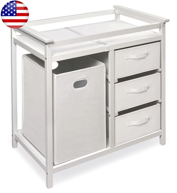 Modern Baby Changing Table Hamper And 3 Baskets White Includes Pad Unisex 32 Lb