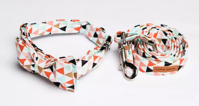 Dog Bow Tie Collar & Leash Lead Set - Cotton Triangle Geometric Pattern