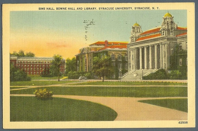 Syracuse University NY Sims Hall Bowne Hall and Library linen postcard 1940s