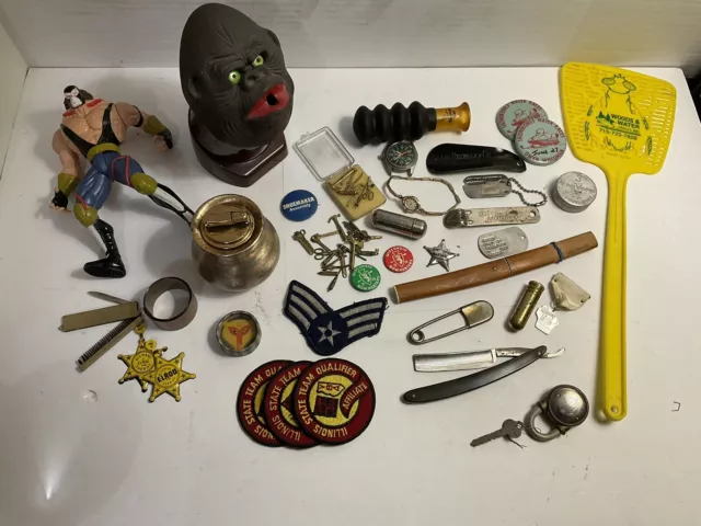 Larger Vintage junk Drawer, lot patches straight razor gorilla pencil sharpener