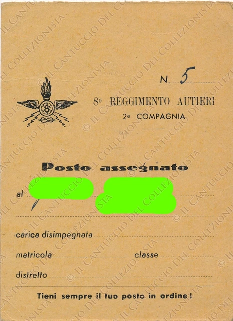 8 Reggimento Autieri 2 Compagnia Posto Assegnato tessera