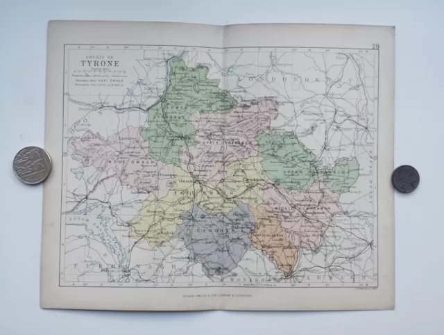 Antique County Map of TYRONE , Ireland - Phillips Handy Atlas , 1882