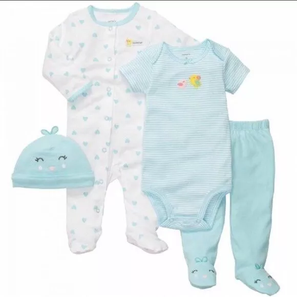 NEW Carter's 4 PC Little Layette Set Outfit Baby Girl Sleeper Aqua Grandma