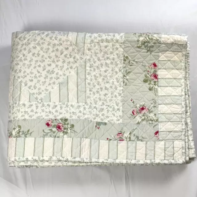 Simply Shabby Chic Lady Rose Twin Quilt Pink Floral Green Blue Stripe 100 Cotton
