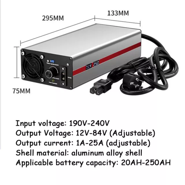 12V-84V Li-ion LiFePo4 Lithium Akku Ladegerät Voltage Current Adjustable 1A-25A。