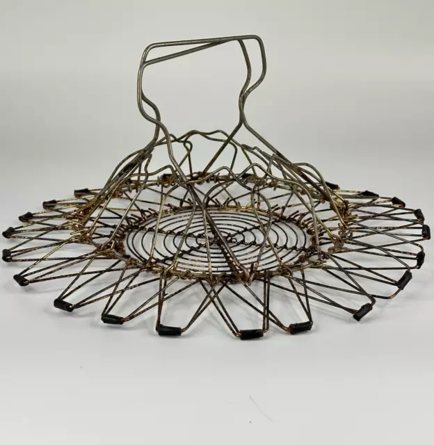 Vintage French Traditional Rustic Farmhouse Collapsible Wirework Egg Basket