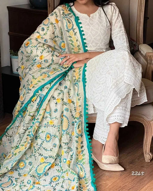 Indian Cotton Salwar Kameez With Dupatta Set Kurti Pant Chikankari Women Dress