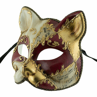 Mask Cat Venetian Carnival Venice Lully Red Golden Painted Handmade 1951 -V60 2