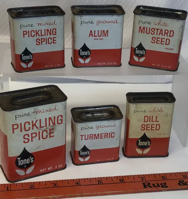 vintage Lot Of 6 Tones spice tins, great colors & graphics, partially full