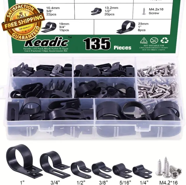 Cable Clamp 135 Pack Black Nylon R-Type Cord Fastener Clips Assortment Kit with