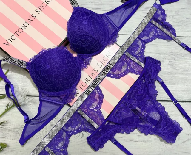 Victorias Secrets Dream Angels Purple Lace & Velvet Straps Push-Up Bra Set  36D/M