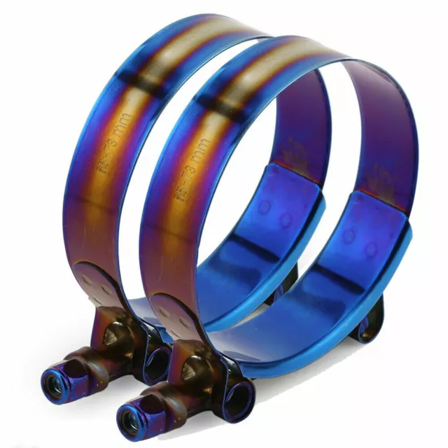 2× Adjustable Titanium Blue Stainless Steel T-Bolt Clamp Universal 2.5'' 65-73mm