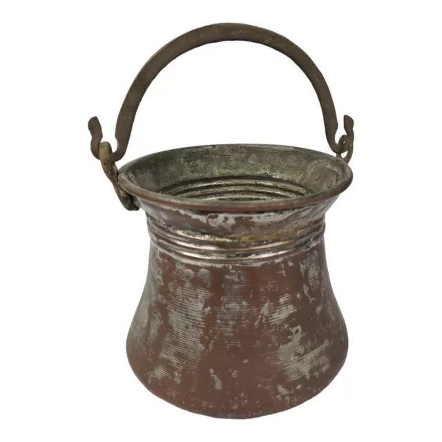 Antigua Olla Cobre E Mango De Latón Hojalata VINTAGE Época 800 Coleccionista