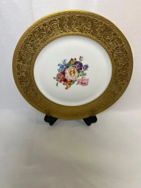 Set Of 4 Heinrich & Co Selb Bavaria Gold ENCRUSTED Floral Dinner PLATES  11”