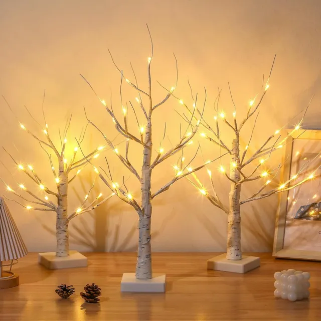 3 Pcs Lighted Birch Tree 1.5ft 1.65ft 2ft Mini Birch Christmas Tree with 24 LED