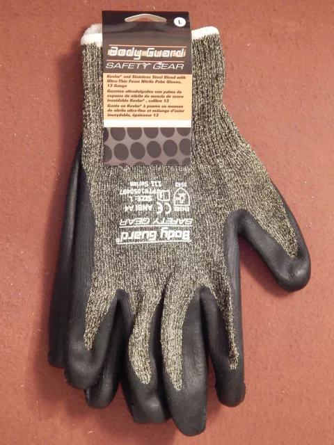 BODY GUARD Safety Gear Work Gloves Sz L, Black Gray Foam Nitrile Palm, NEW w/Tag