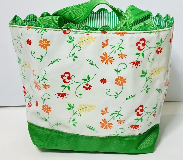 "LINDO Bolso de Mano Avon Forrado Floral Verde Manijas y Borde Rickrack 6""x 6""x 4"""