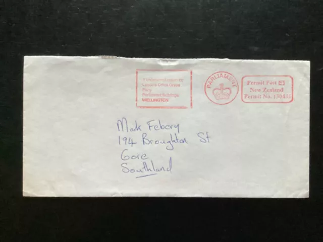 NZ 1990s Parliament Permit Post Meter Cvr, Leaders Office Green Party (NZF257)