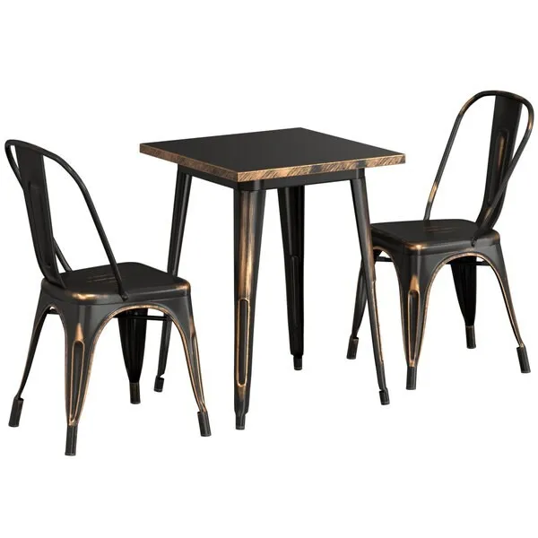 23.5'' Square Distressed Copper Metal Restaurant Table Set with 2 Chairs