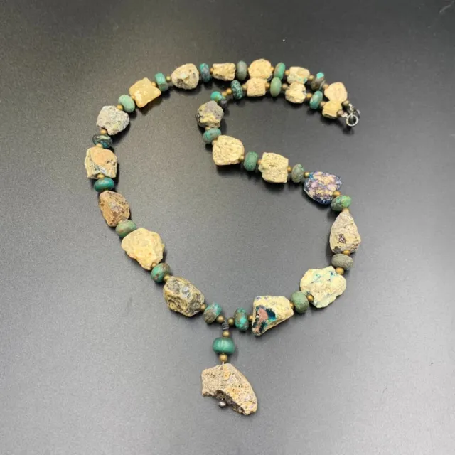 Ancient Antique Rare Raw form, Roman Glass with Antique Turquoise Beads Necklace