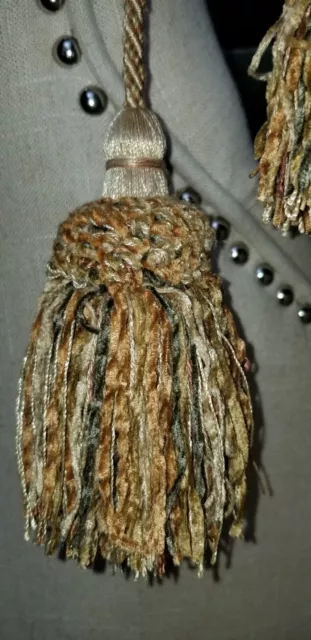 (2) Curtain Tie Backs Rope and Tassels Gold, Green, Beige, 36" long