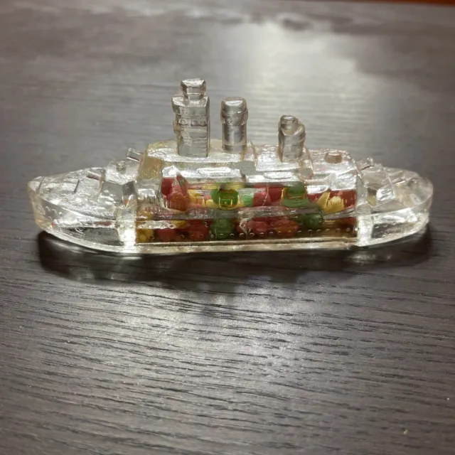 c1940 Miniature BATTLESHIP Victory Glass CANDY CONTAINER Toy Boat A&E 97 Vintage