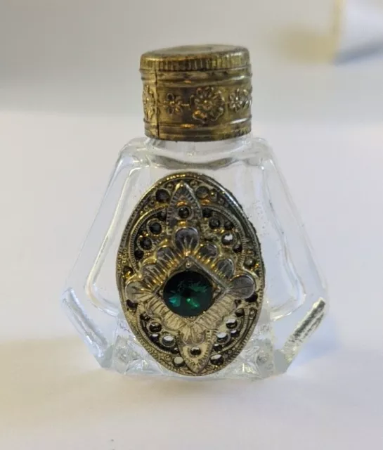 Vtg Czech Filigree Clear Glass Green Rhinestone Mini Perfume Bottle