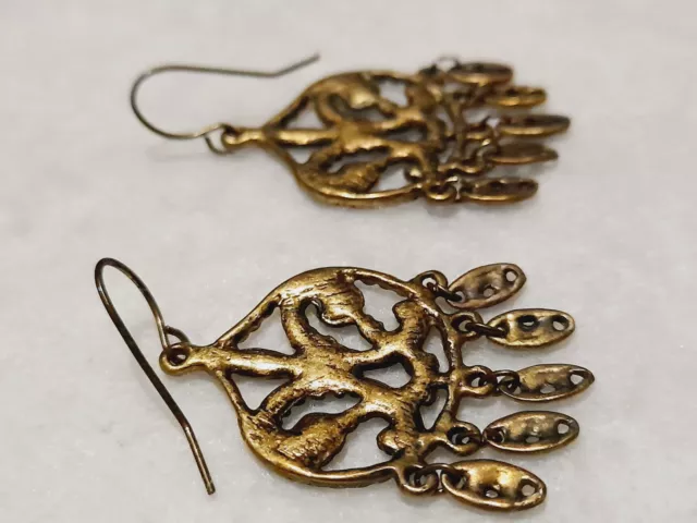 Vintage Brass Metal Ornate Design Drop Earrings Hook Earrings Victorian Style 3