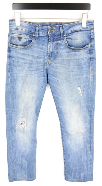 Guess Skinny Jeans Uomo USA 30 Strappato Elasticizzato Sbiadito Zip Fly Blu
