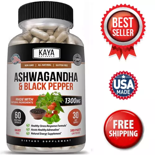 Organic Ashwagandha Capsules 1300mg Supplement w/ Black Pepper Root Powder