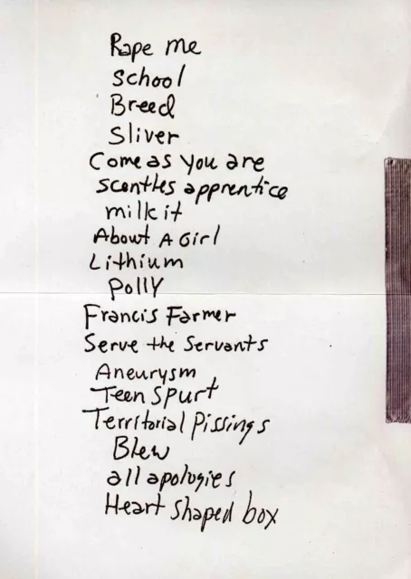 Nirvana Repro 1993 Kurt Cobain Handwritten Concert Setlist . Nevermind