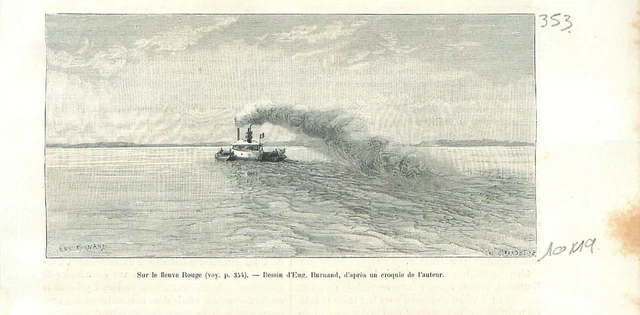 Bateau à vapeur delta du fleuve Rouge Yuan Jiang Viêt Nam Tonkin GRAVURE 1888