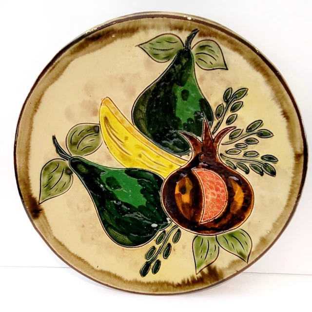 Rare 9" Wall Art Hang Plate Floral Hand Painted Redware Pottery Majolica  P3