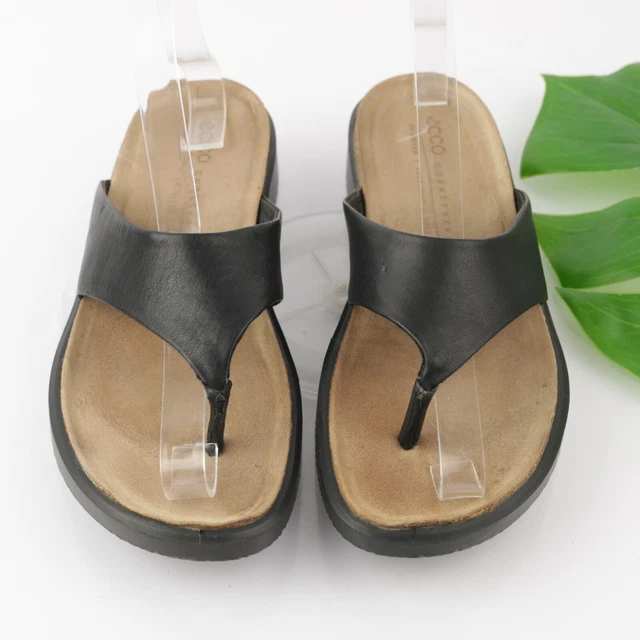 Ecco Women's Corksphere Sandal Size 7 Thong Slide Flip Flop Black Leather Shoe 2