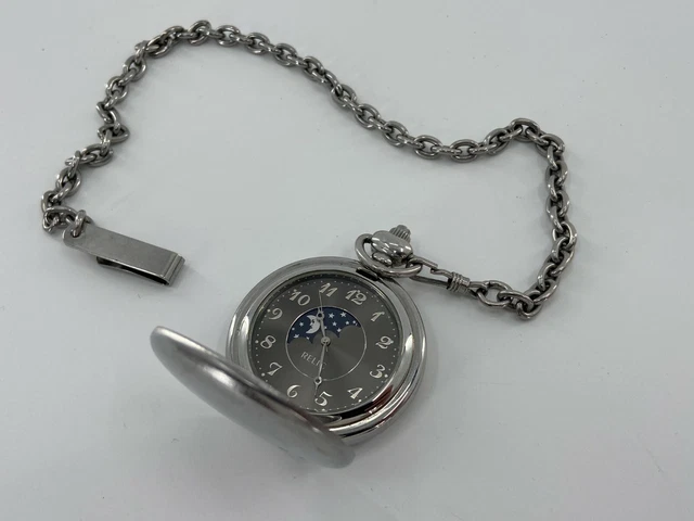 VINTAGE RELIC POCKET Watch in Silver Case With Chain Moon