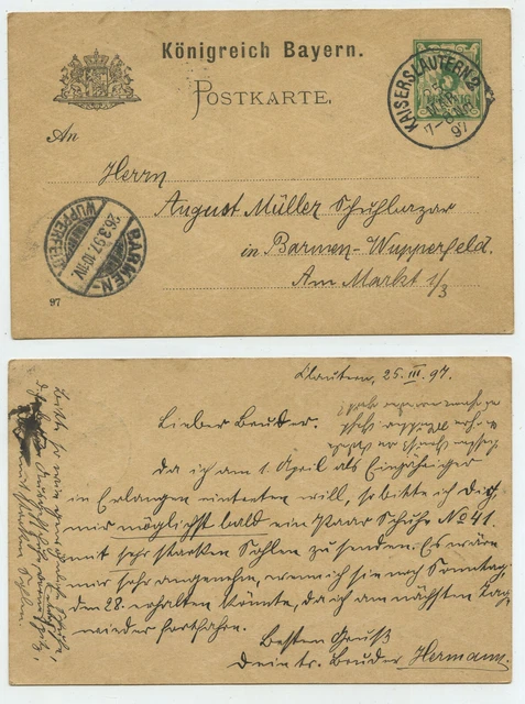 68445 - Ganzsache P 44 (97) - Kaiserslautern 25.3.1897 nach Barmen-Wupperfeld