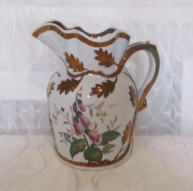 Antique Livesley & Powell Pottery Jug With Flowers And Copper Lustre Decoration