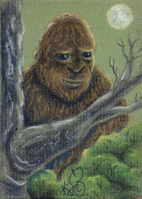 Cryptid Sasquatch bigfoot original Moon night ACEO Loberg mini art hairy myth